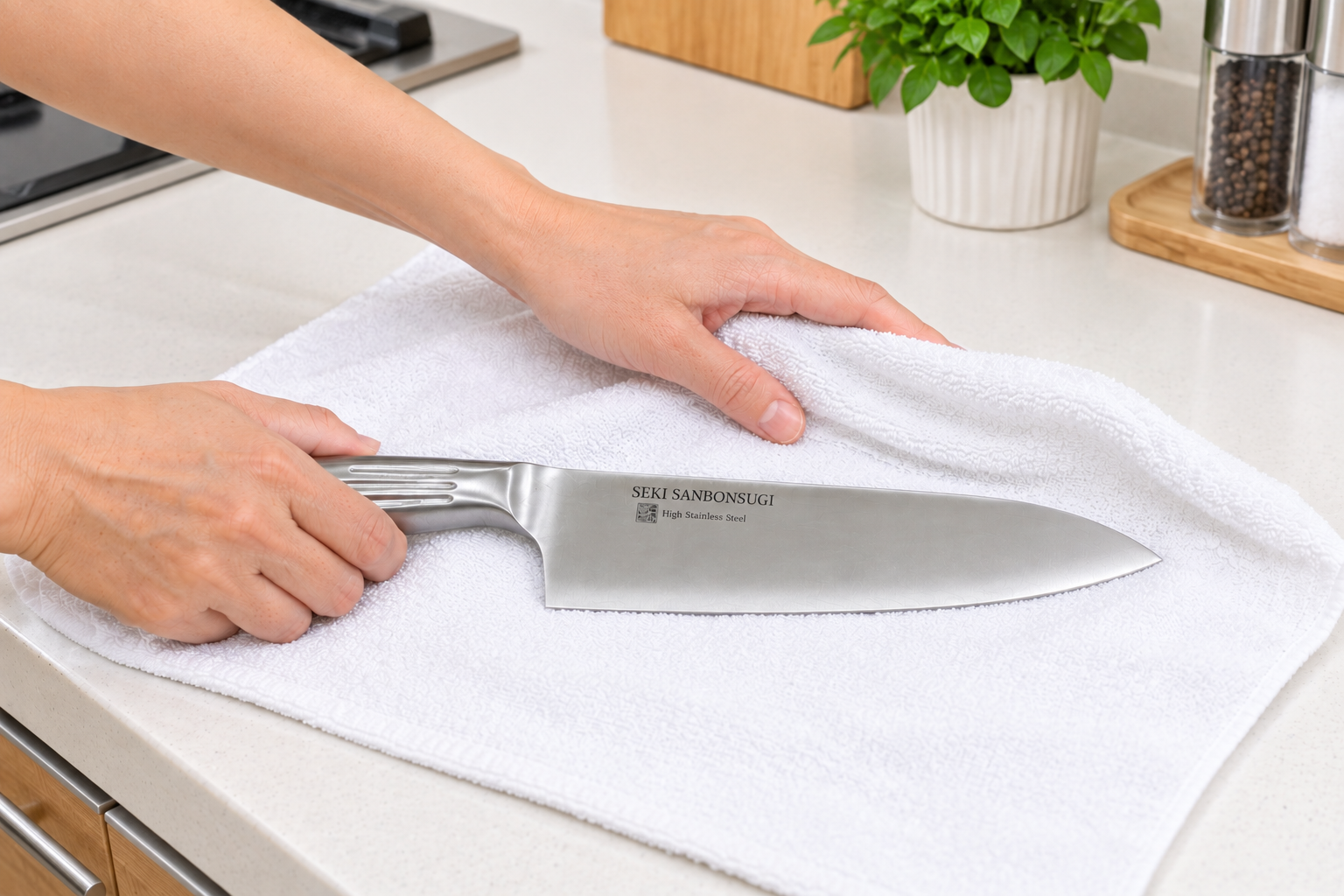 Wiping the knife dry with a cloth