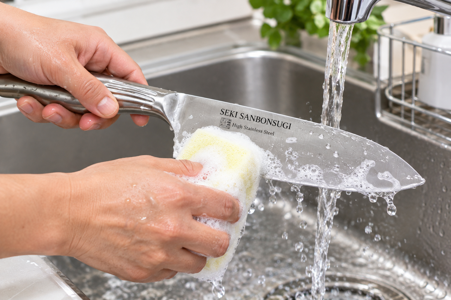 Washing the knife by hand with a soft sponge
